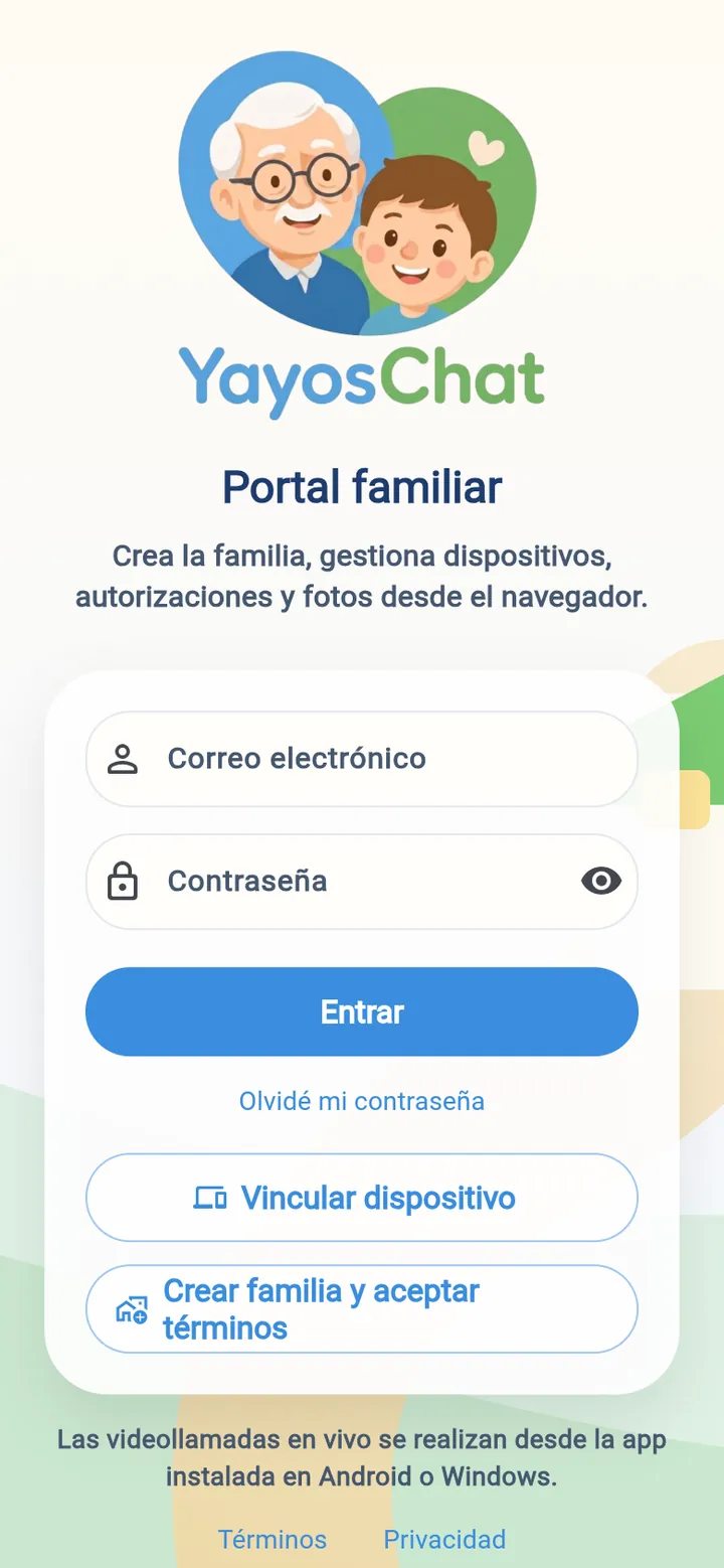 Pantalla de acceso: toca <b>«Crear familia y aceptar términos»</b>.