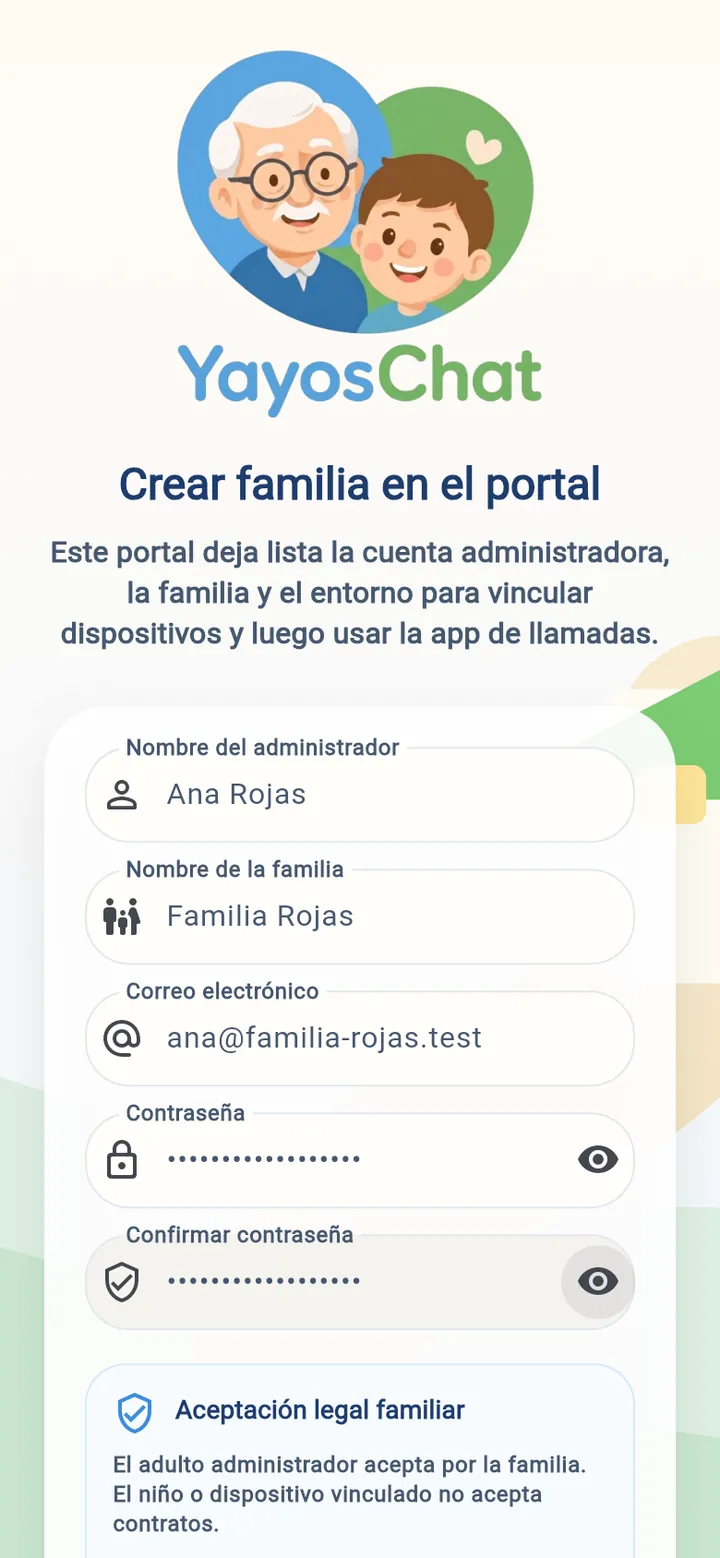 Tu nombre, el nombre de la familia, tu correo y una contraseña.
