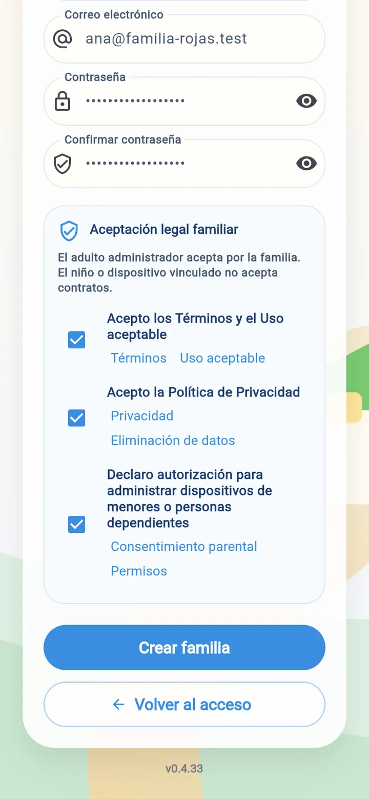 Marca las tres casillas y toca <b>«Crear familia»</b>.