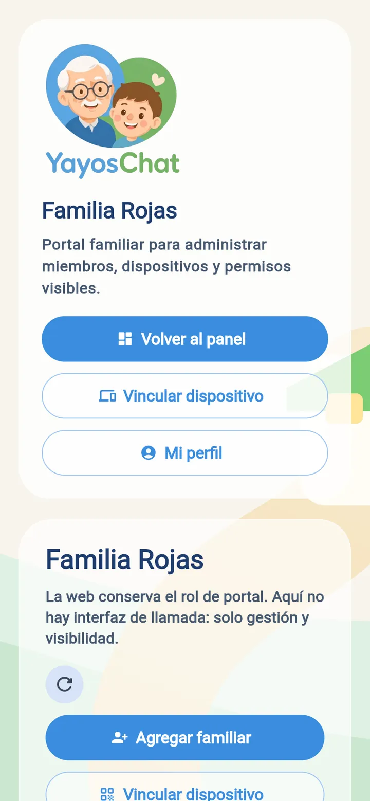 Administración de la familia: <b>«Agregar familiar»</b> y <b>«Vincular dispositivo»</b>.