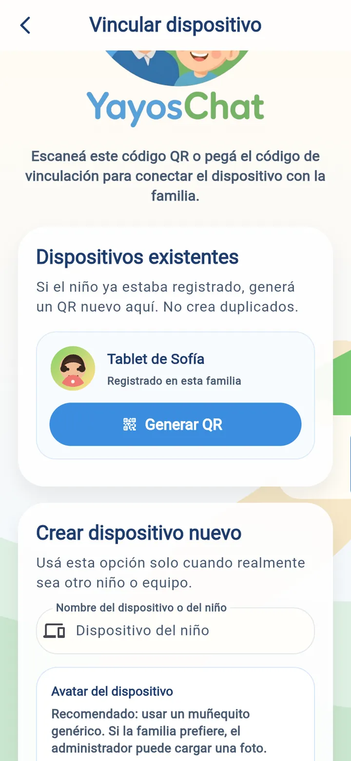Si la tablet ya existía, usa su <b>«Generar QR»</b> en <b>«Dispositivos existentes»</b>: no crees otra.