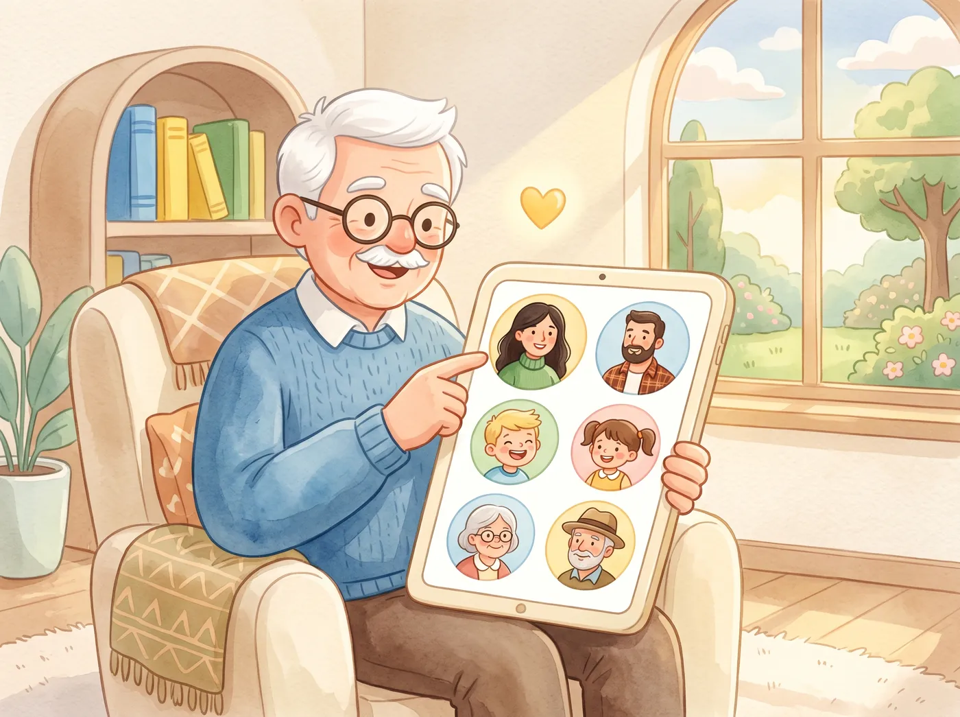 Un abuelo sentado en su sillón toca en una tablet la foto de su hija; en la pantalla hay seis fotos grandes, sin ningún texto.