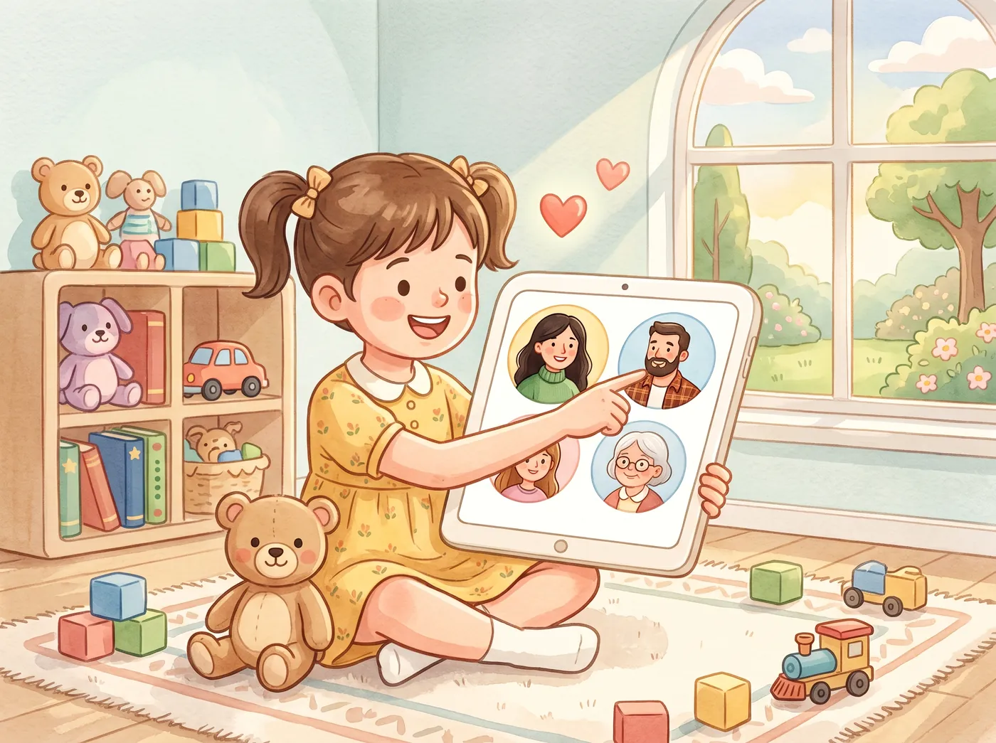Una niña sentada en la alfombra de su cuarto toca en una tablet la foto de su papá; en la pantalla hay cuatro fotos grandes, sin ningún texto.