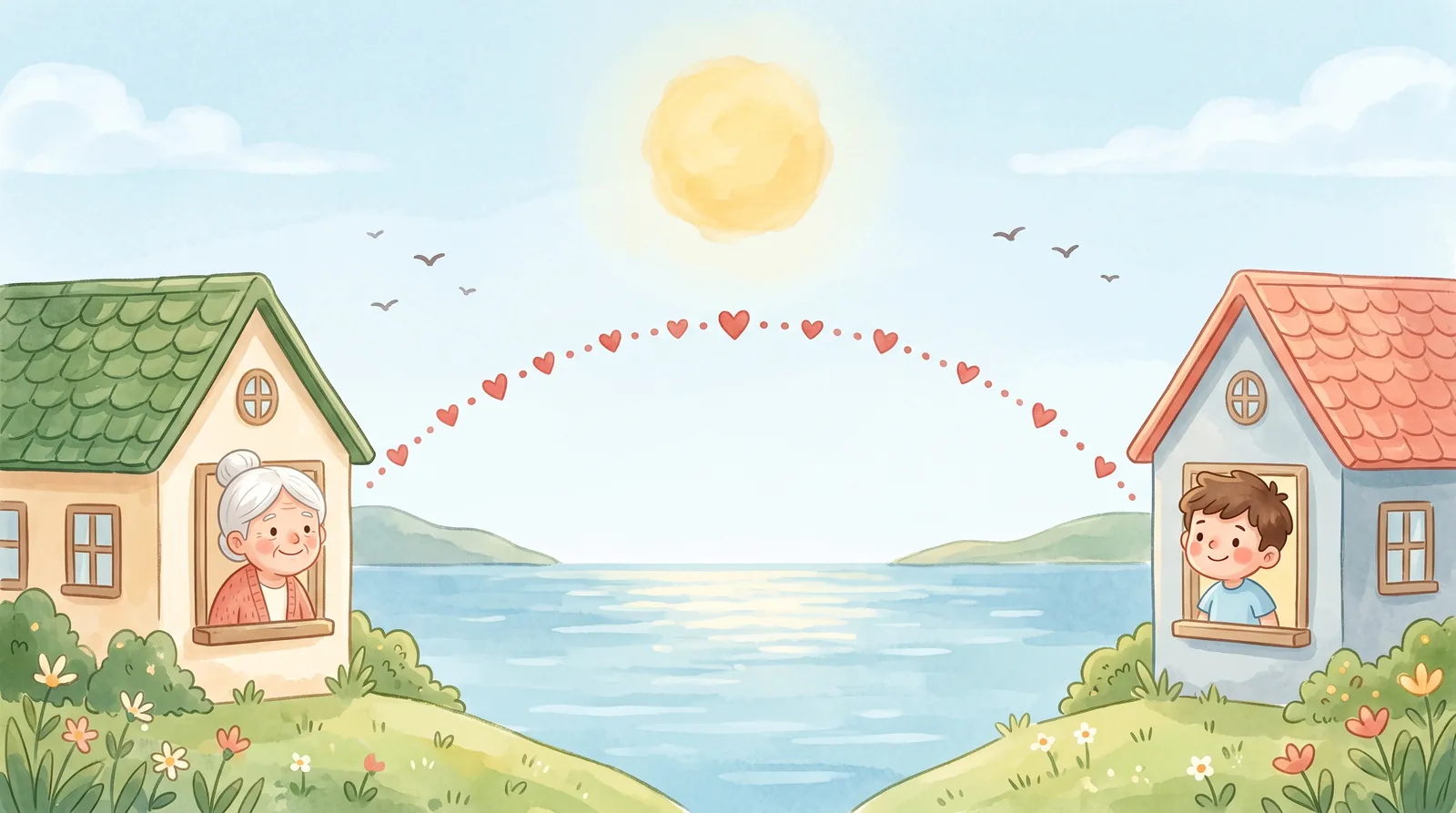 Dos casas en orillas opuestas de un mar. En cada ventana hay alguien: una abuela a la izquierda y un niño a la derecha. Una línea de corazones cruza el mar.